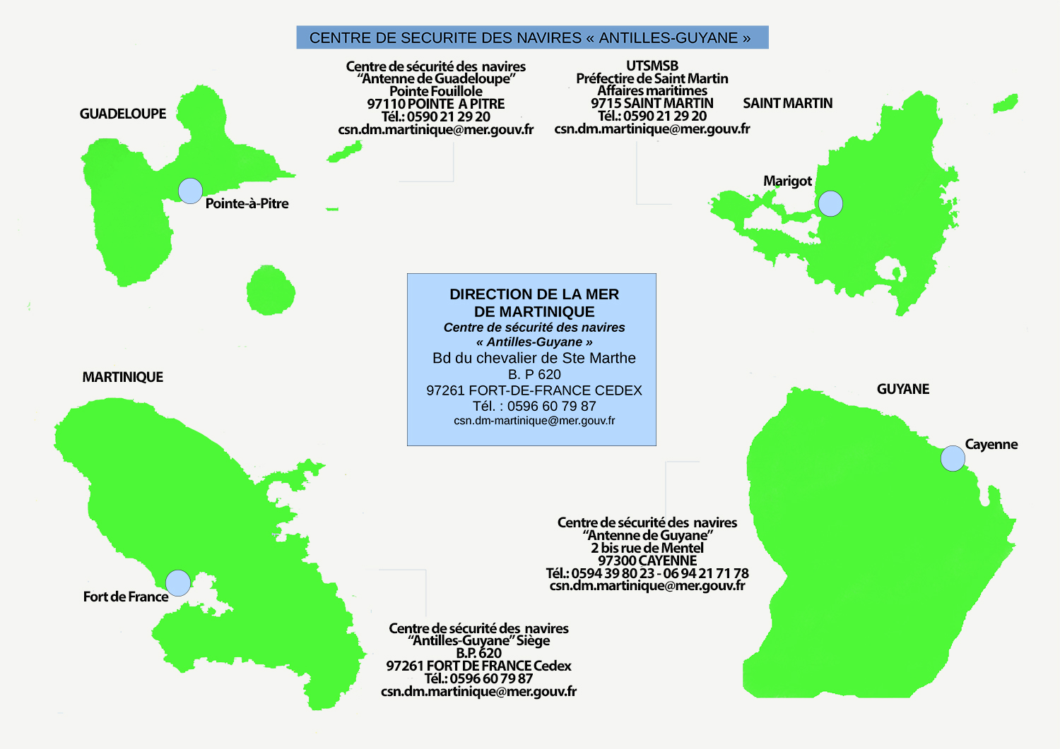 Carte d'implanation des sites du CSN Antilles Guyane