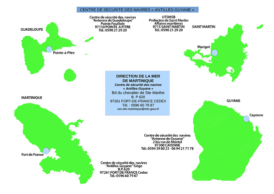 Carte d'implantation des sites du CSN Antilles Guyane
